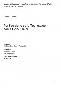 Per l’edizione della Togneta del poeta Ligio Zanini - Tesi in Lettere